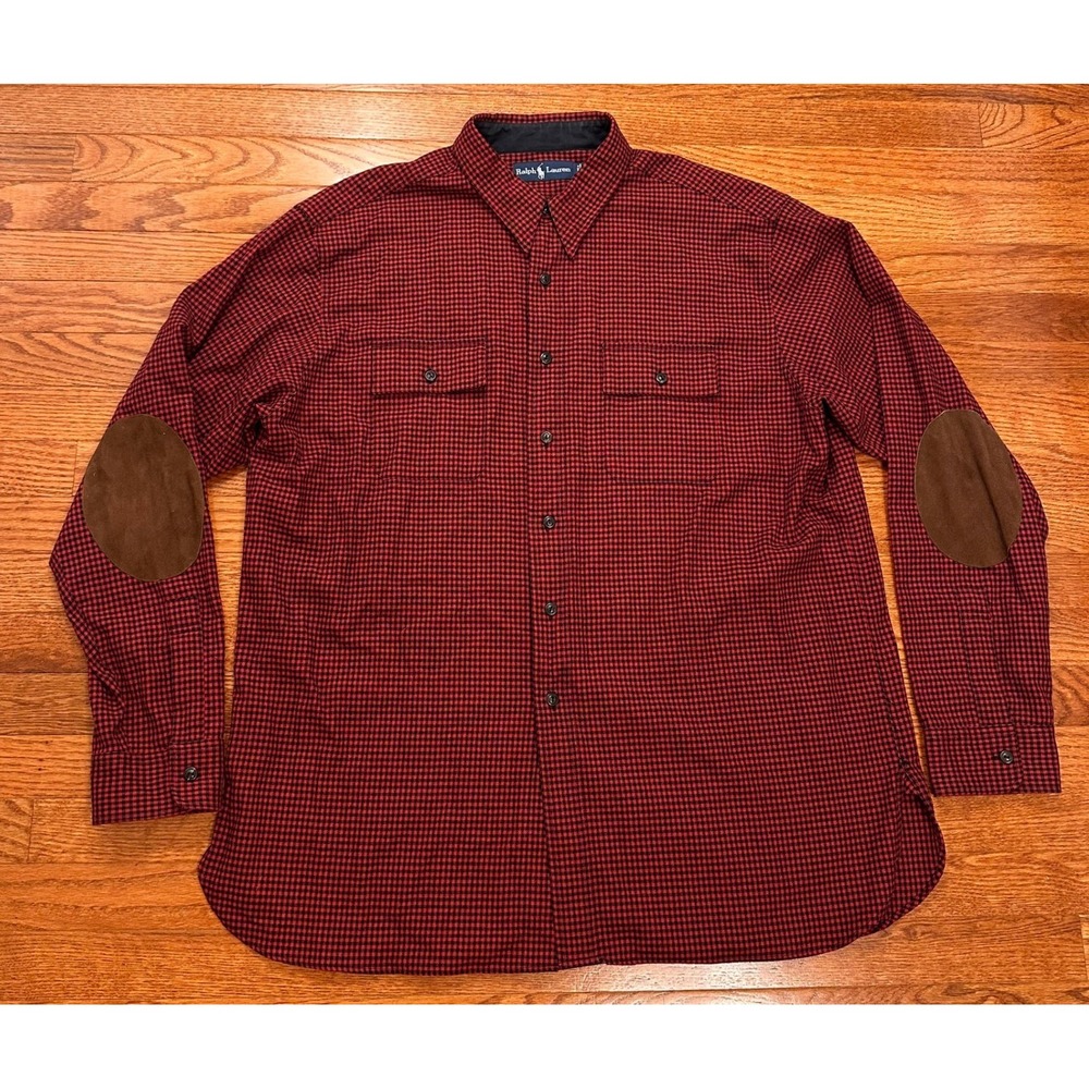 Vintage Ralph Lauren Button Down Shirt Mens XL Wool Blend Chin Strap Elbow Pads